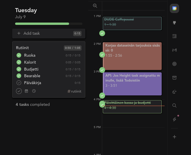 Tuesday Sunsamassa: Melkein kaikki suoritettu, paitsi päiväkirjan kirjoittaminen. Tehtävät vasemmalla tehtävälistassa, 4 valmiina: Ruoka, kalorit, budjetti ja Bearable. Oikealla tehtävät kalenterinäkymässä: Peruttu tapahtuma DUDE Caffepaussi, suoritetut: Korjaa dataseinän tarjouksia sisässä: 0, API: Jos Height task assignattu minulle, lisää Todoistiin ja peruttu: Päivittäinen kassa ja budjetti