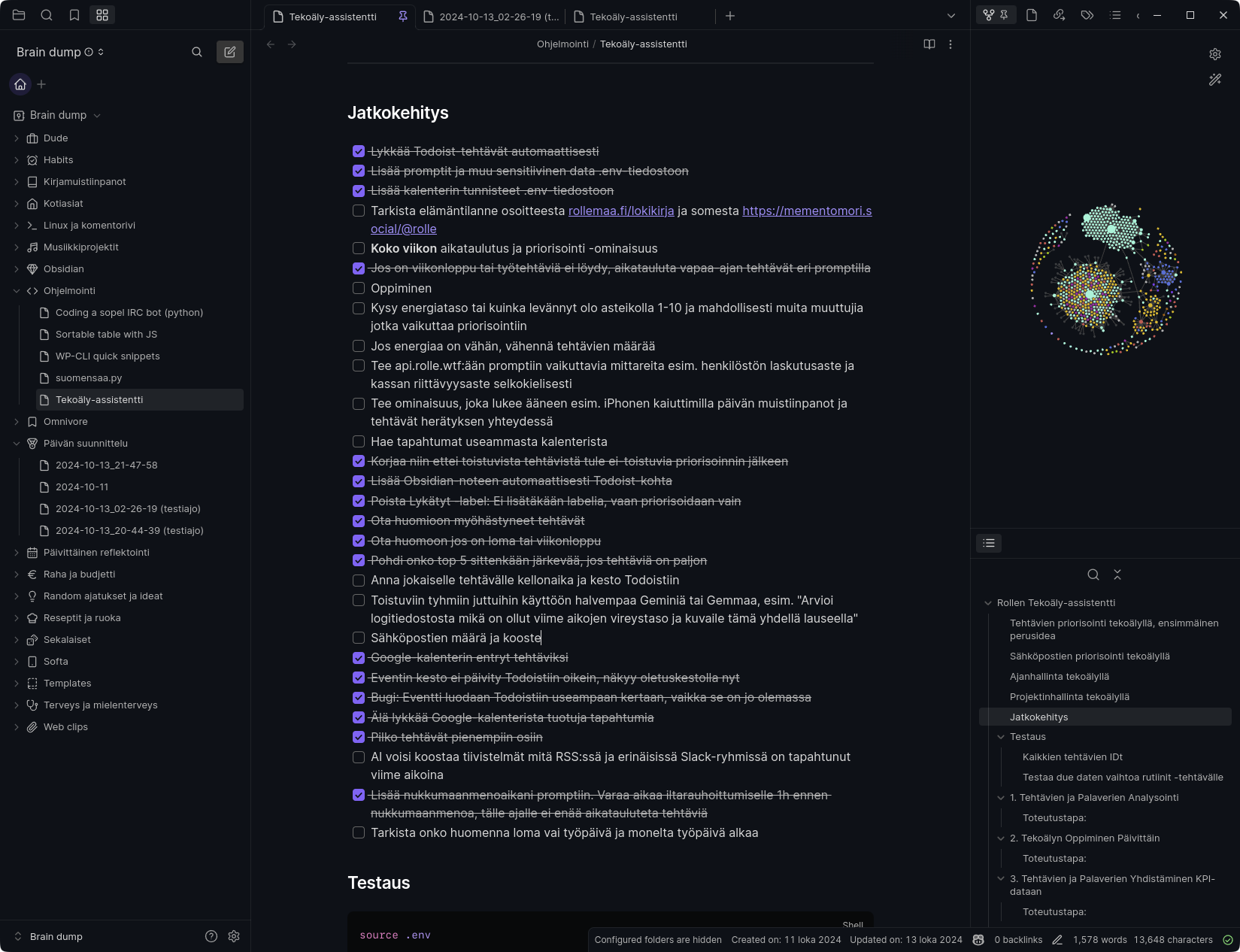 "Jatkokehitys" -kohta muistiinpanoistani "Tekoälyassistentti" Obsidianissa