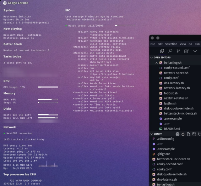 Conky-reaaliaikatilastot, kuvankaappaus. Uutena IRC-keskustelut.